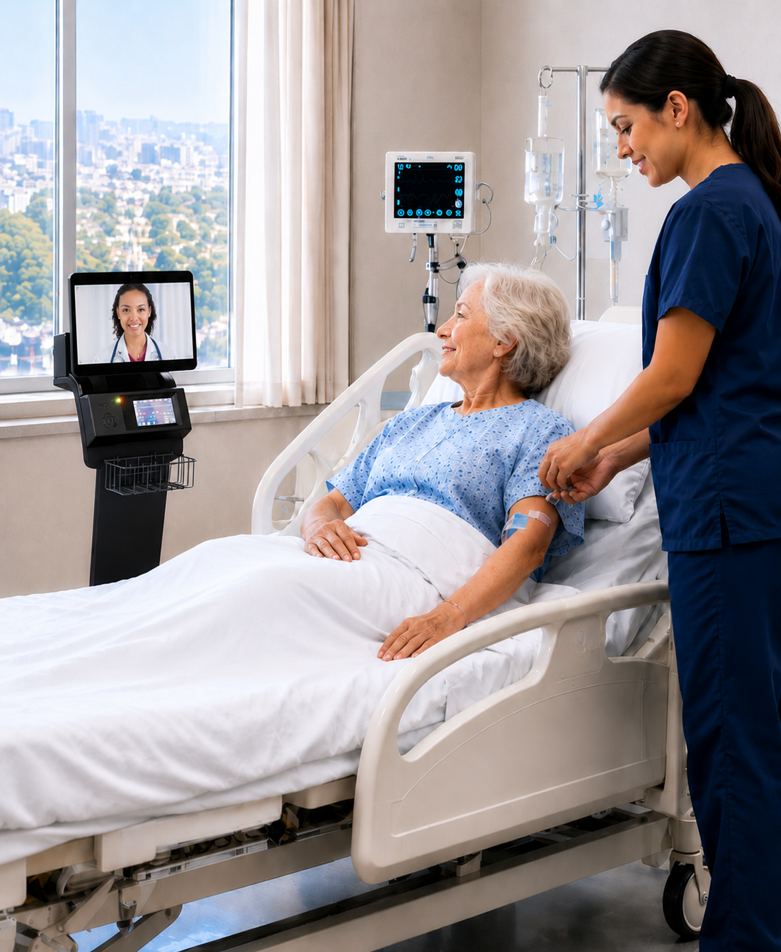 Dr. tēmi robot bringing a physician to a patient's bedside while a nurse attends