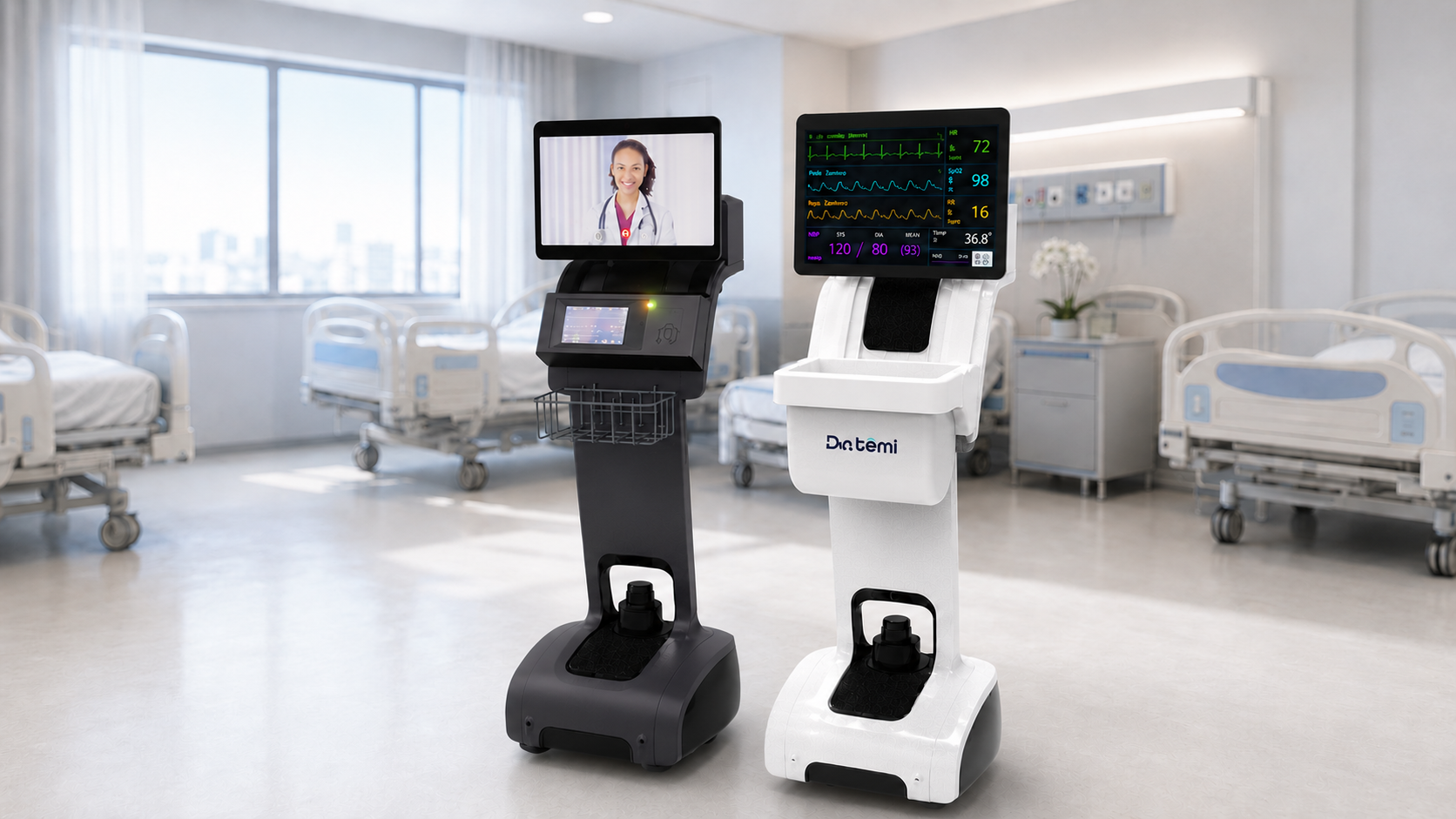 Two Dr. tēmi autonomous robots with provider video and vitals screens